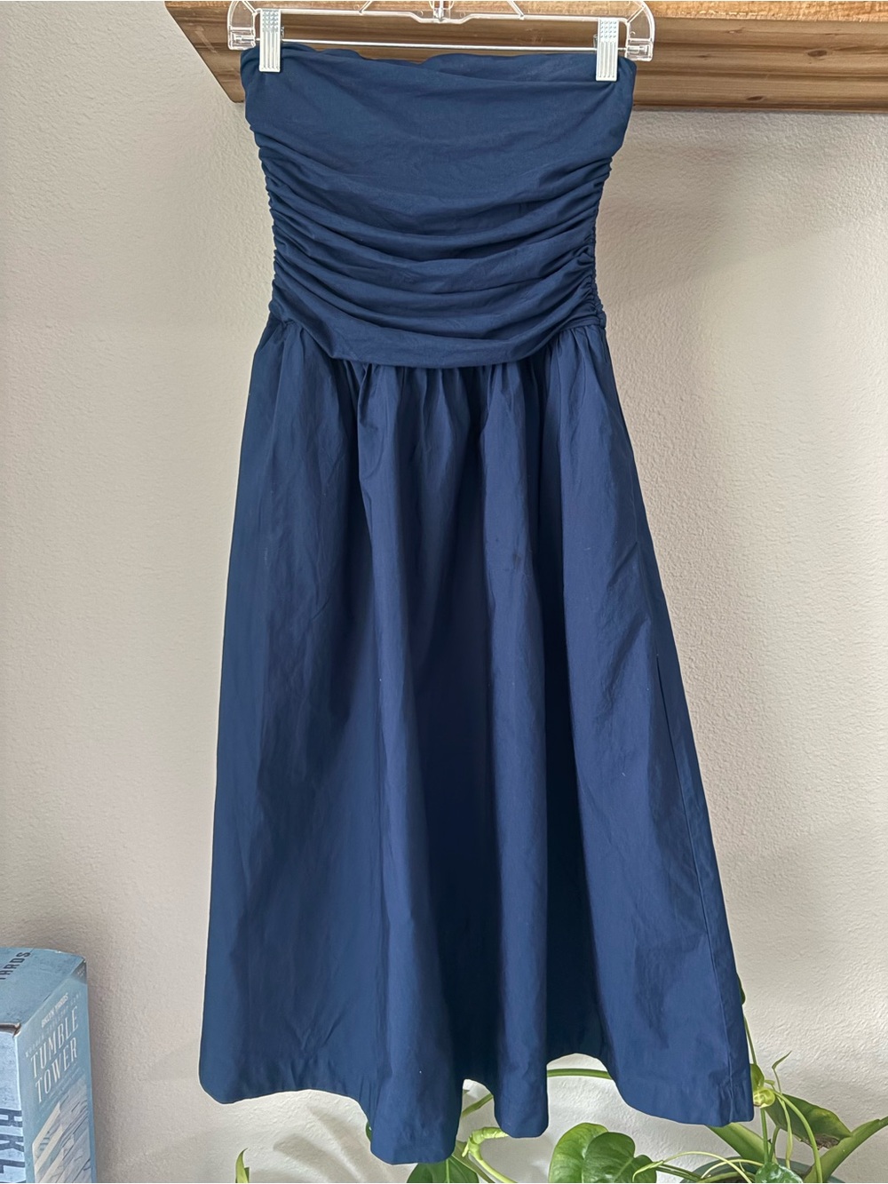 Loft Strapless Navy Blue Ruched Bodice A-Line Dress